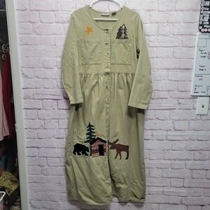 VTG Sunbelt Appliqué Button Front Maxi Dress Sz M Country Lagenlook Artisan Boho